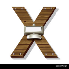 Vector wooden letter X with blank, white label in an old brass l