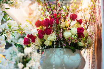 decor of flowers on wedding table in a restaurant