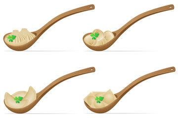 dumplings of dough with a filling and greens in the spoon set ic