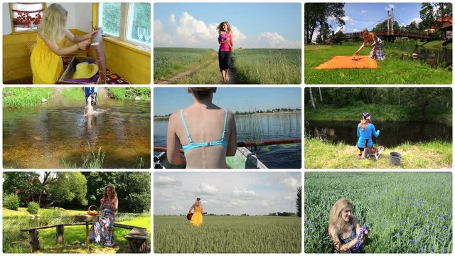 Cheerful woman spend holiday in nature. Active leisure. Collage