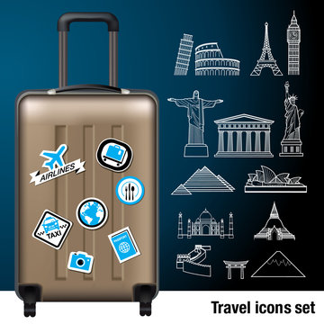 Vector Travel Bag with Travel icon Set and Landmark Icon Set on