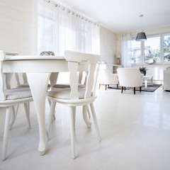 Modern white light dining room inside the apartment