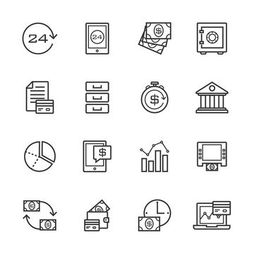 Banking gray line of icons set of 16