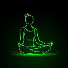 Neon vector illustration of a woman practices yoga.