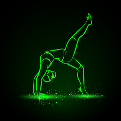 Neon vector illustration of a woman practices yoga.