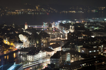 Aerial view of downtown Luzern at night, Switzerland
