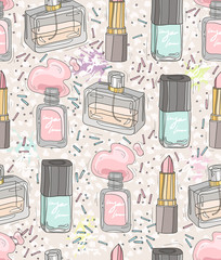 Seamless beauty pattern with make up, perfume, nail polish. Background for girls or women.
