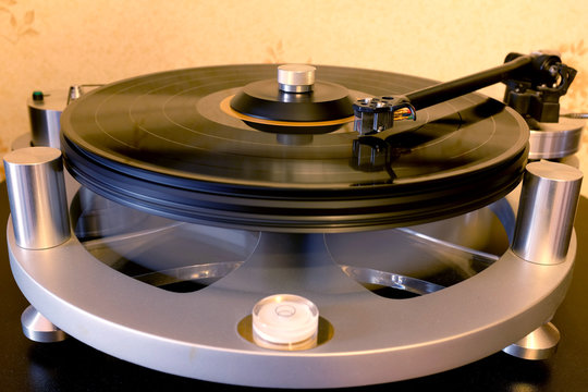 Gramophone with a vinyl record, closeup