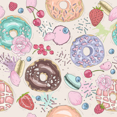 Seamless breakfast pattern with flowers, donuts, fruits, berries