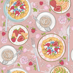 Seamless breakfast pattern with flowers, waffles, fruits, berrie
