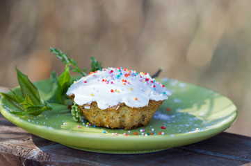 
Vanilla muffin. Cupcake with white icing and colorful decorations
