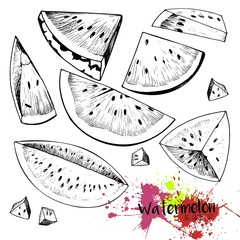 Vector set of engraving watermelon pieces. Juicy fresh organic fruit illustration. Couple of watermrlon slices, pyramides and quter. Hand drawn.