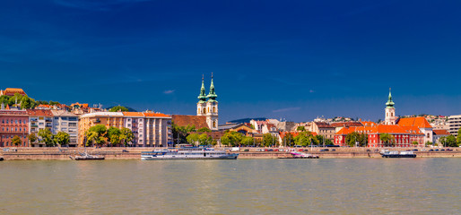 Modern and ancient buildings on the Danube River