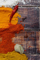 Colourful spices on the table. Various Spices in on wooden background, top view. Spices background. Frame. with copy space