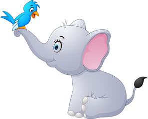 Cute cartoon elephant and bird
