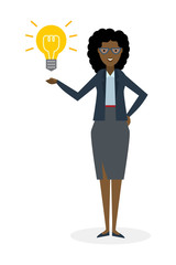 Businesswoman with idea bulb white background. Isolated character. African american businesswoman pointing at idea bulb. Concept of successful job.