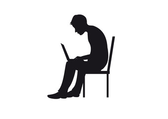 Sitting man with computer vector. Silhouette of a seated man. Man figure on a white background