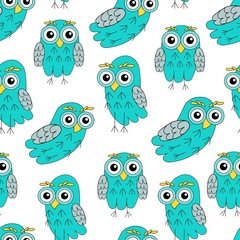 Fototapeta premium Owlet turquoise vector seamless pattern. 