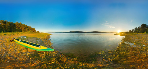 kayak on river coast. panorama,