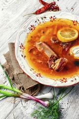 Plate with soup of Ukrainian
