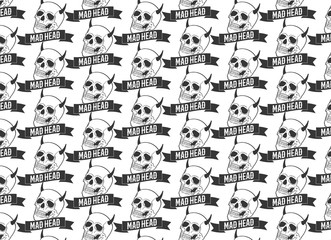 Horned skulls seamless pattern with an inscription - Mad Head