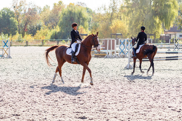 Young teenage girl riding horse. Equestrian sport