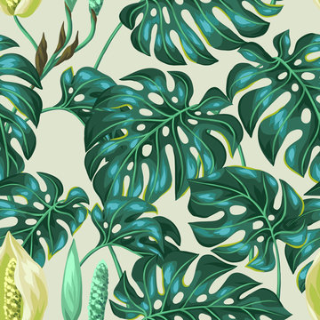 Seamless pattern with monstera leaves. Decorative image of tropical foliage and flower. Background made without clipping mask. Easy to use for backdrop, textile, wrapping paper
