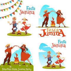  Girl and boy dancing at Brazilian Festa Junina Party. Vector illustration.