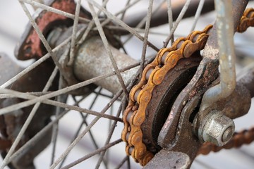Closedup of rusty bicycle rear wheel, include chain, chain ring,
