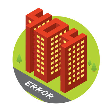 Isometric error 404 buildings isolated vector illustration