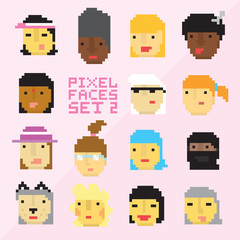 Pixel art style 15 cartoon faces vector set 2