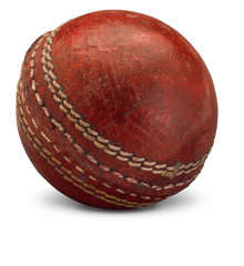 Old worn Cricket Ball isolated on white background with shadow