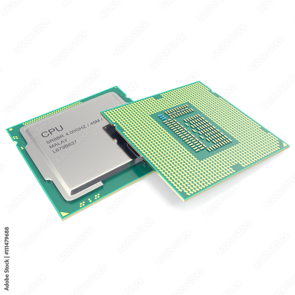 Poster group modern central computer processors cpu isolated on white background. 3d illustration