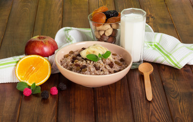 Set of products for  healthy diet on  background  dark wood.