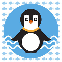 Abstract illustration with a baby penguin on blue water with waves in a round blue frame, over an white background with fish. Digital vector image.