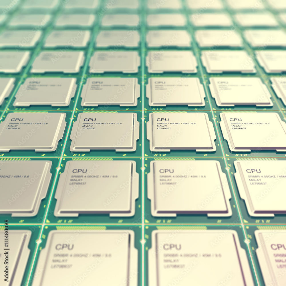 Poster computer pc cpu chip electronics industry concept, close-up viewmodern processors with depth of fiel