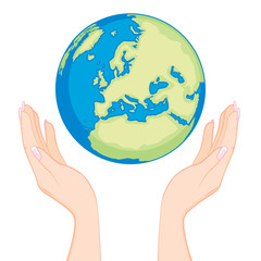 Ecology concept of beautiful woman hands holding earth globe with care