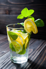 Glass of lemonade with lemons and fresh mint