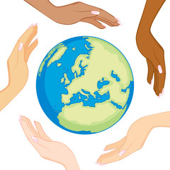 Ecology concept of beautiful diverse women hands surrounding and holding earth in the center
