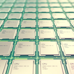 Computer PC CPU chip electronics industry concept, close-up viewmodern processors with depth of field effect