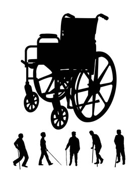 Elderly And  Wheel Chair Silhouettes, Art Vector Design