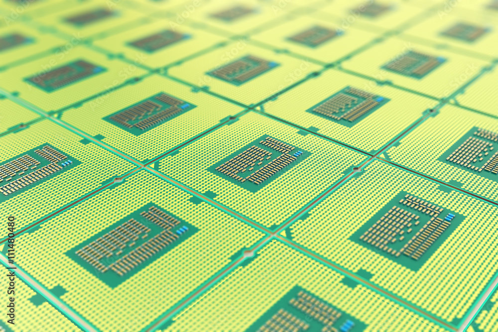 Poster modern central computer processors cpu, industry concept close-up view with depth of field effect.