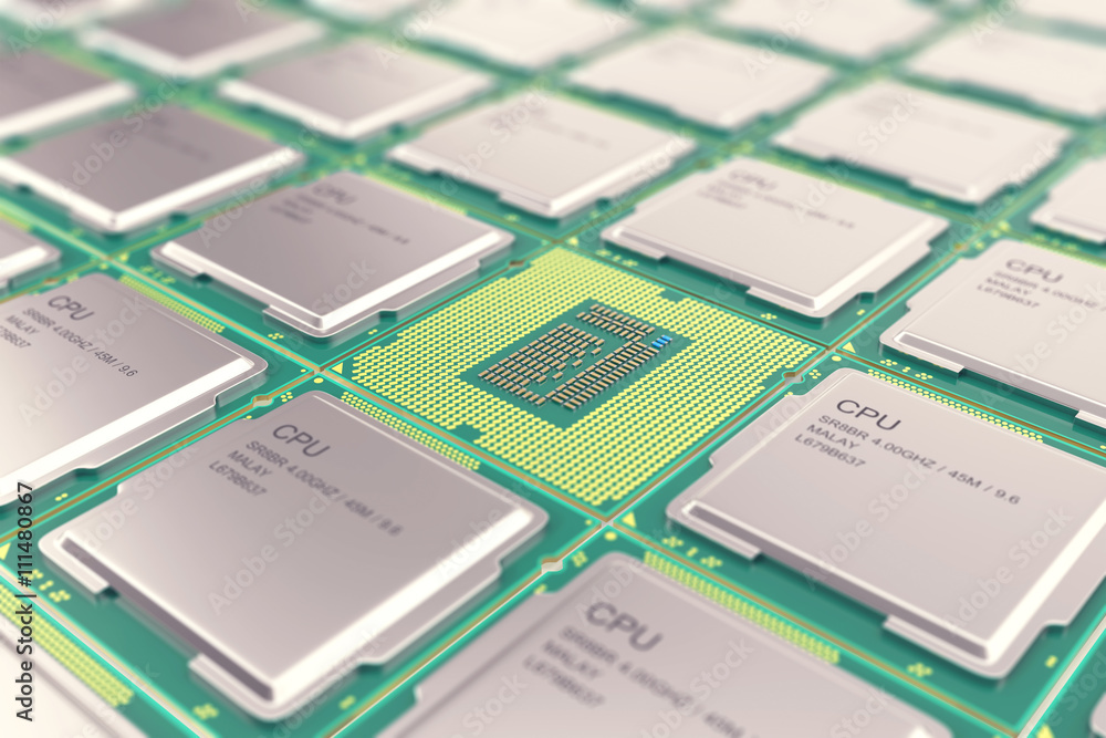 Poster modern central computer processors cpu, industry concept close-up view with depth of field effect.