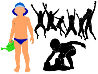 Obraz premium Relax on the beach. Children on the beach. People jumping on the beach. Children build castles on the beach. Vector isolated on white background