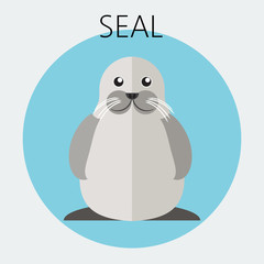 Abstract illustration with a silver walrus  in a round blue frame, over an white background. Digital vector image.