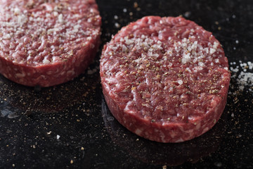 Meat for burgers, grilling, barbecue, bbq. Fresh, spicy, uncooked, delicious beef for hamburgers on dark background with copy space closeup