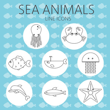 Black sea animal set in outlines with octopus, crab, fish, penguin, shark, whale, jellyfish and starfish over an aqua blue background with fish. Digital vector image.