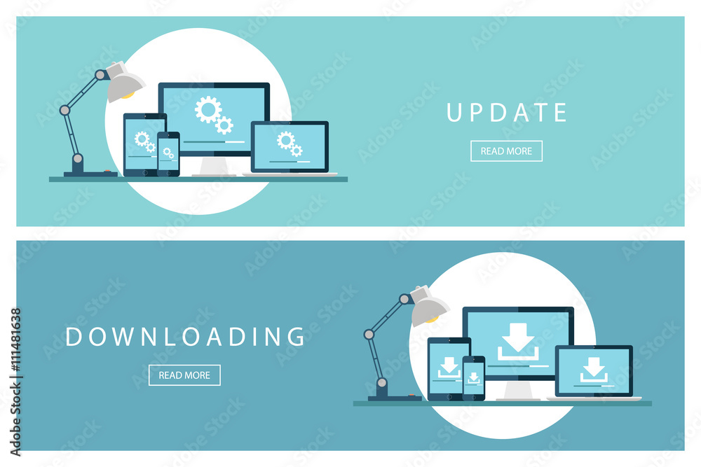 Poster Set of flat design concepts Update and Downloading technology. Install new software, operating system. Banners for web design, marketing and promotion. Presentation templates. Vector illustration.