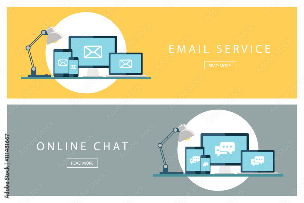 Poster set of flat design concepts email service and online chat. banners for web design, marketing and pro