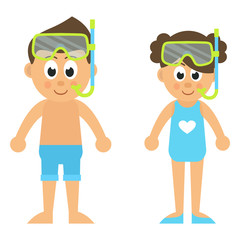 cartoon girl and boy with diving mask